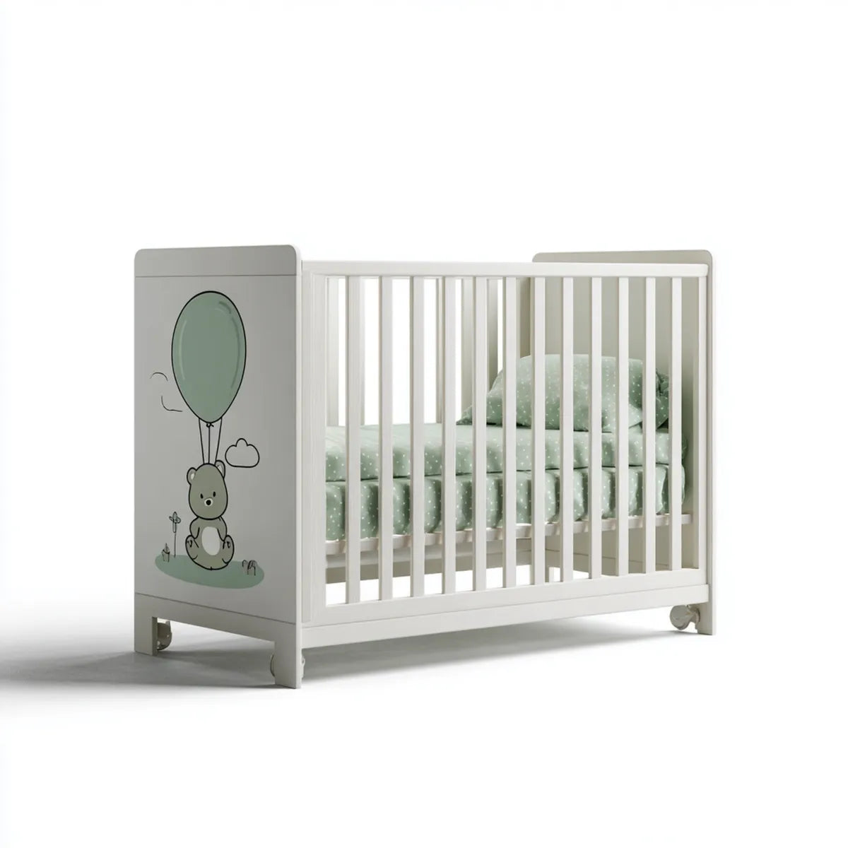 Lit bébé à barreaux blanc et gris 120 x 60 cm en pin massif et MDF rectangulaire à roulettes