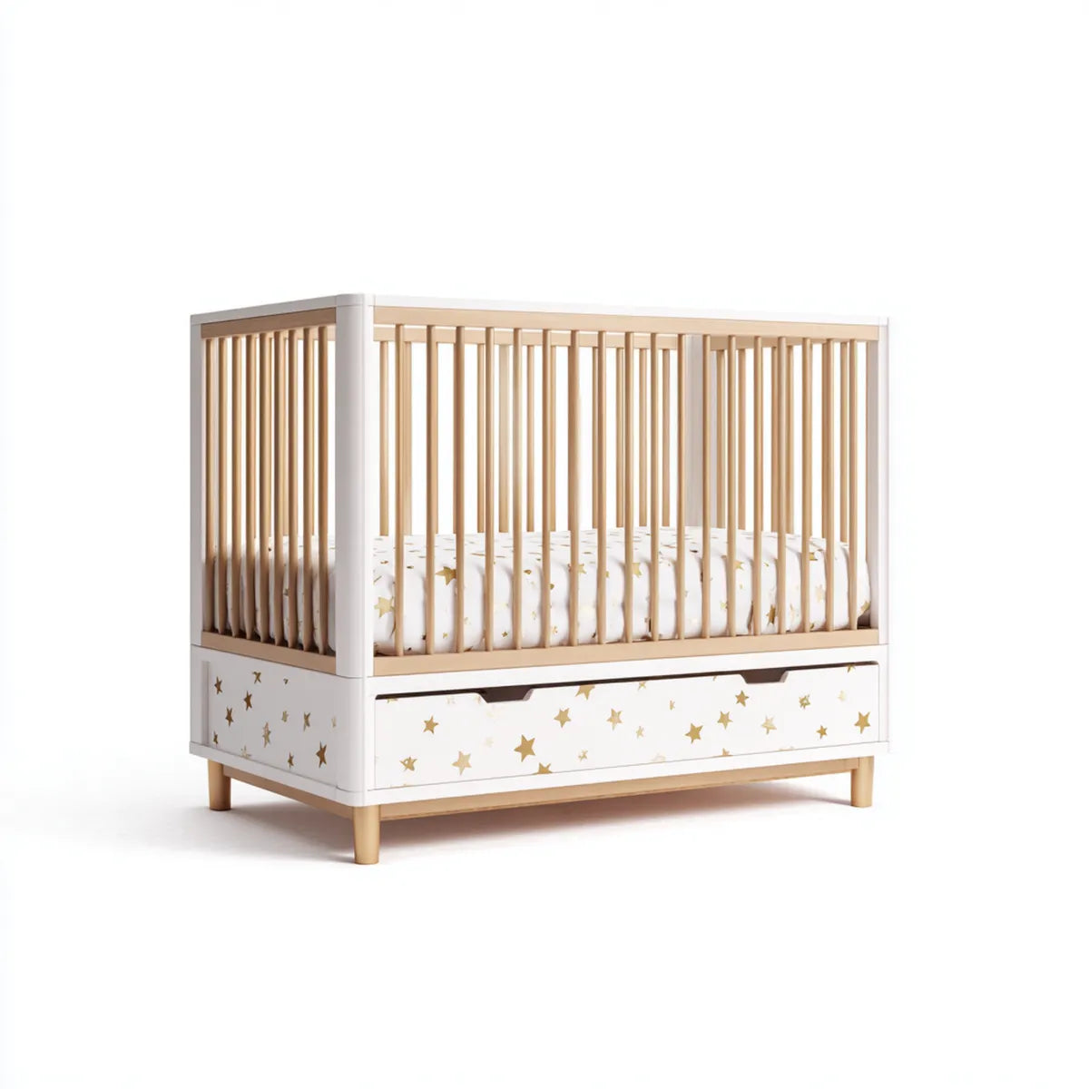 Lit bébé à barreaux avec tiroir blanc naturel étoilé 120 x 60 cm en pin massif et MDF