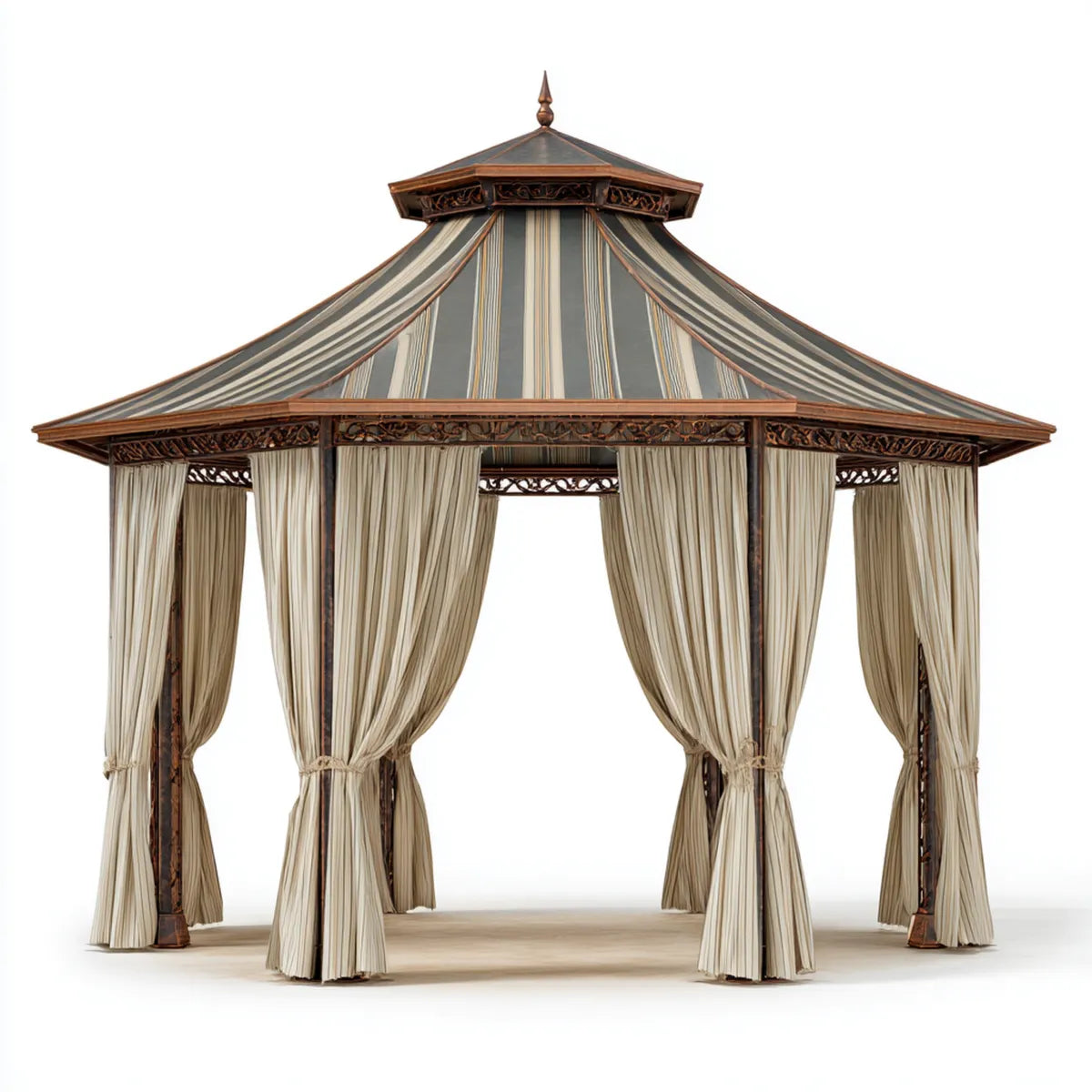 Pavillon de jardin carré gris beige et brun 300 × 300 × 300 cm en acier et polyester avec rideaux