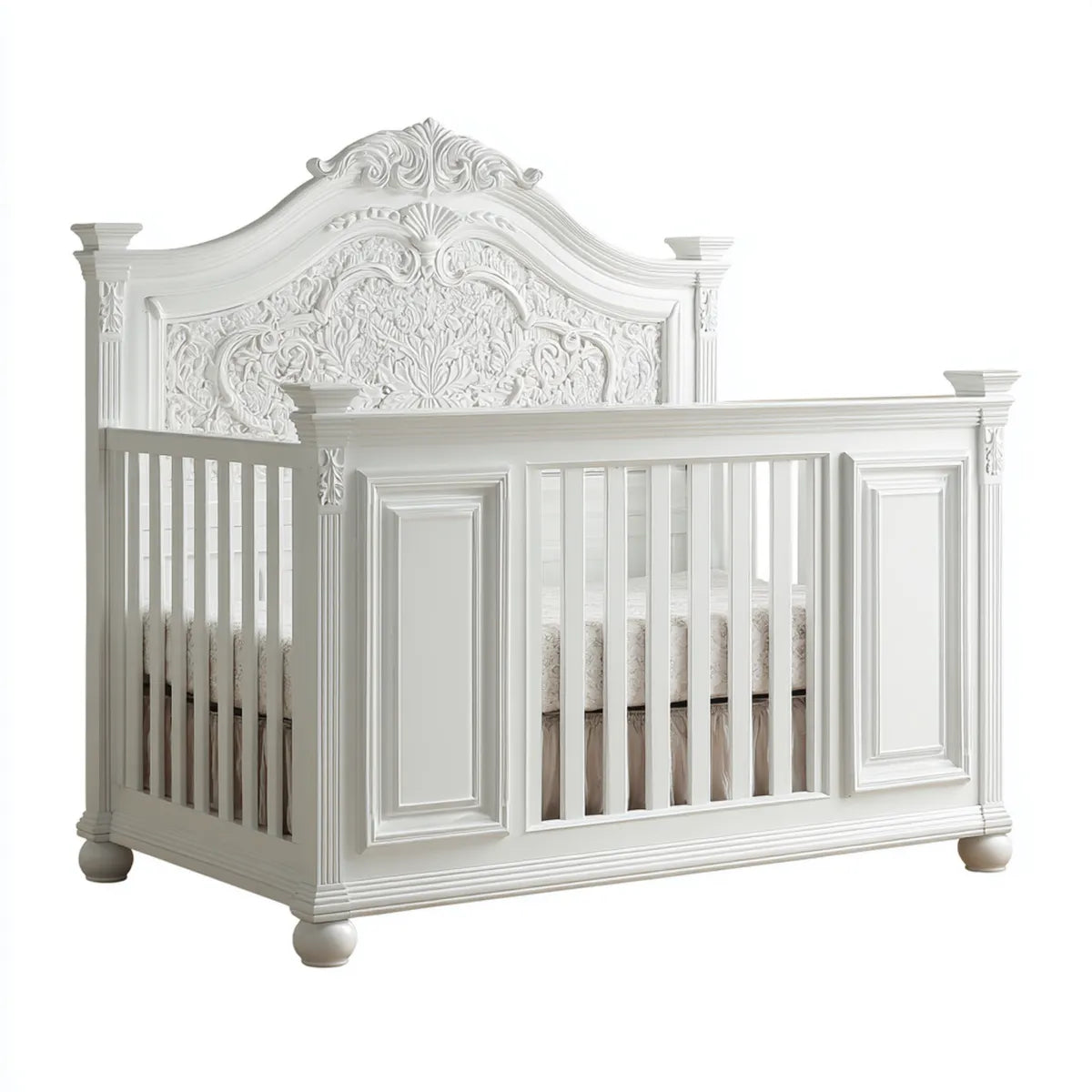 Lit bébé à barreaux blanc sculpté 140 x 70 cm en bois massif et MDF