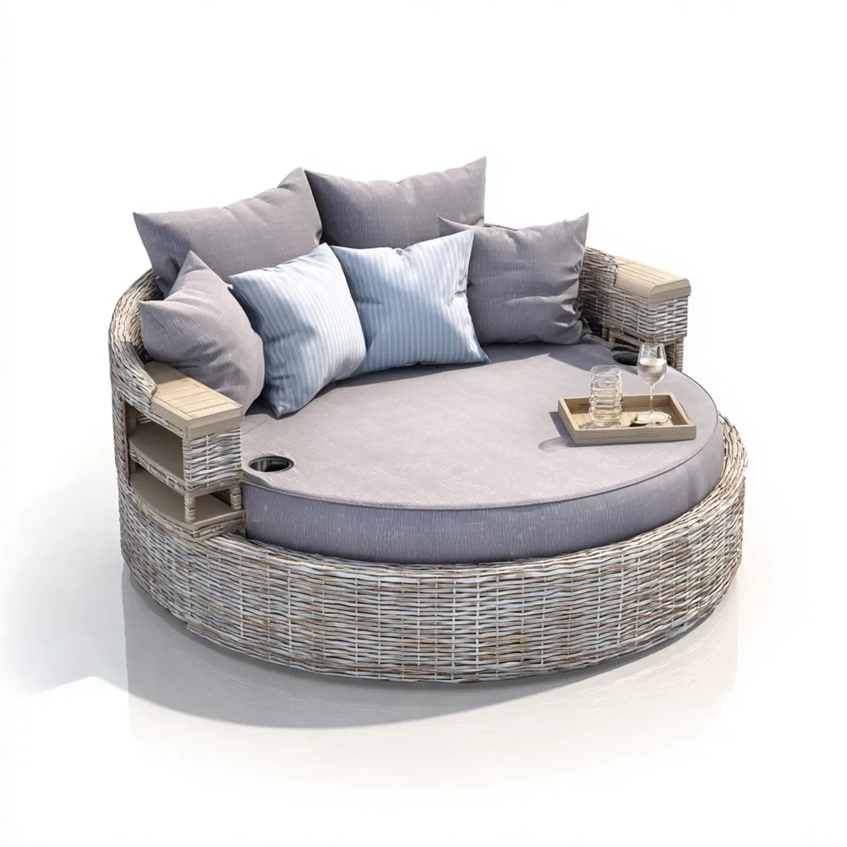 Bain de soleil double rond gris 180 x 180 x 85 cm en rotin synthétique PE et acier