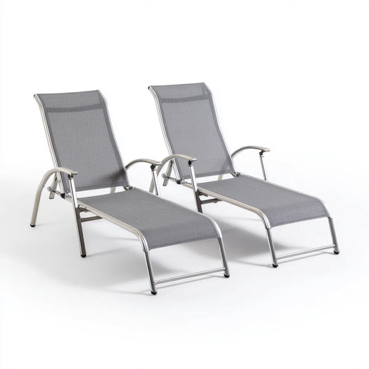 Lot de 2 bains de soleil inclinables gris 159 x 60 x 80 cm en acier inoxydable et textilène rectangulaire