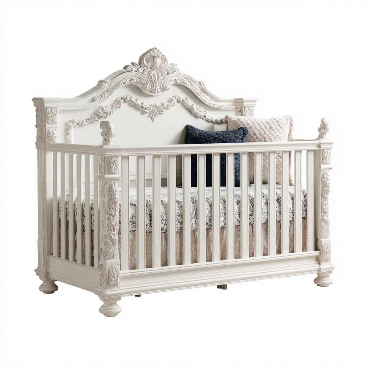 Lit bébé à barreaux rectangulaire blanc 140 x 70 cm en bois massif sculpté