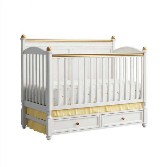 Lit bébé à barreaux avec 2 tiroirs blanc et doré 140 x 70 cm en bois massif et MDF rectangulaire