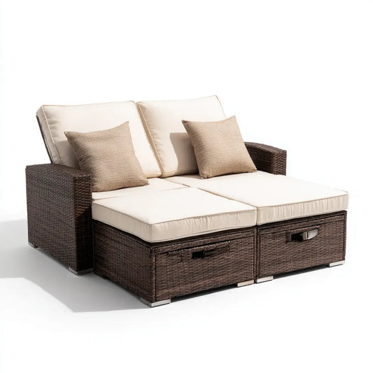 Bain de soleil double à dossiers inclinés marron et beige en résine tressée PE 160 x 80 x 88 cm rectangulaire