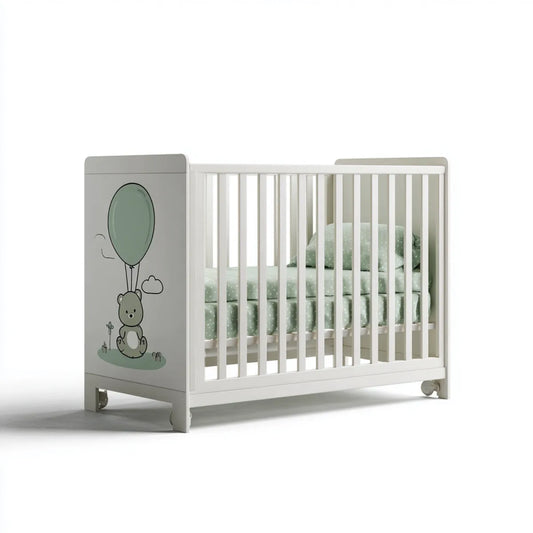 Lit bébé à barreaux blanc et gris 120 x 60 cm en pin massif et MDF rectangulaire à roulettes