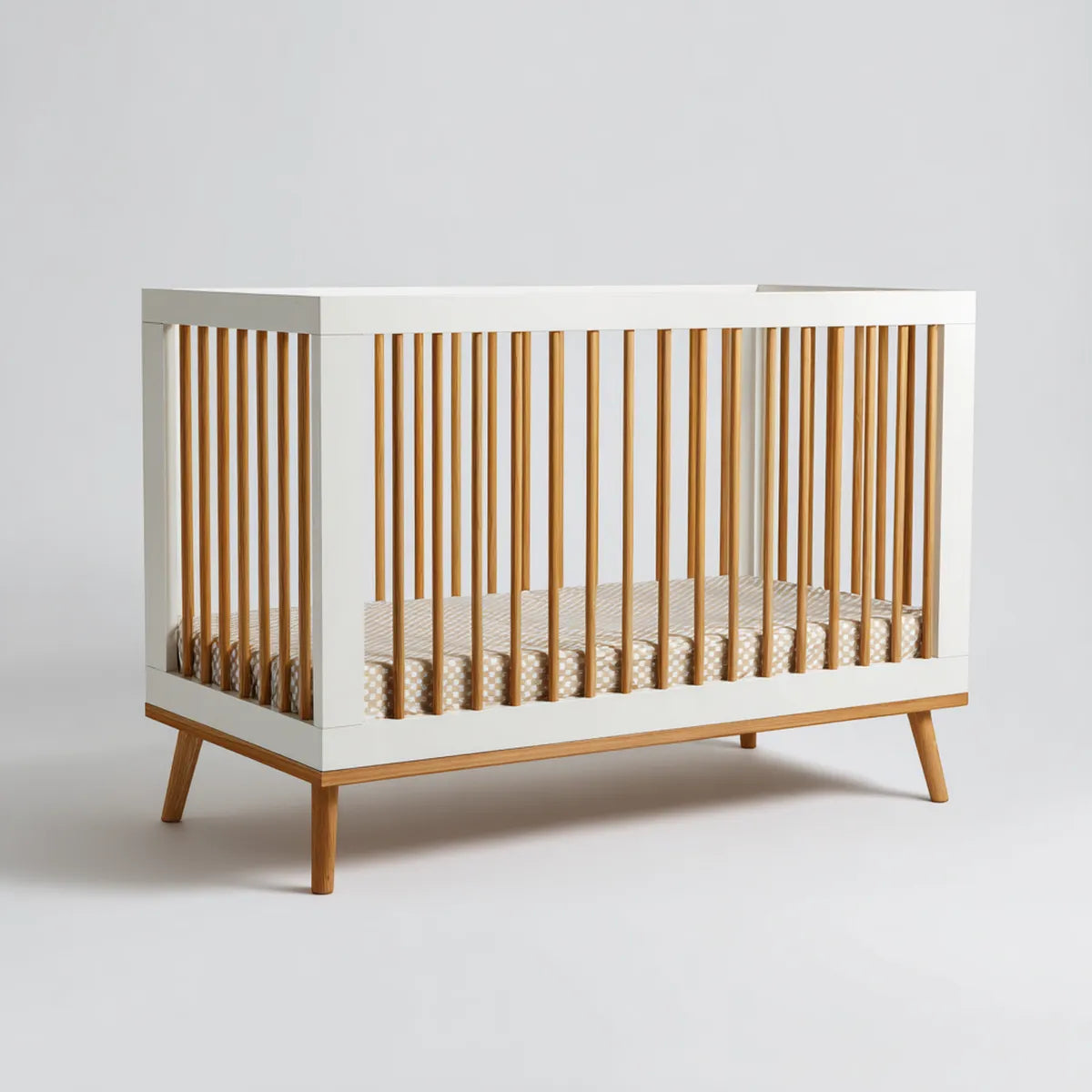Lit bébé à barreaux blanc et bois naturel 120 x 60 cm en hêtre massif et MDF rectangulaire