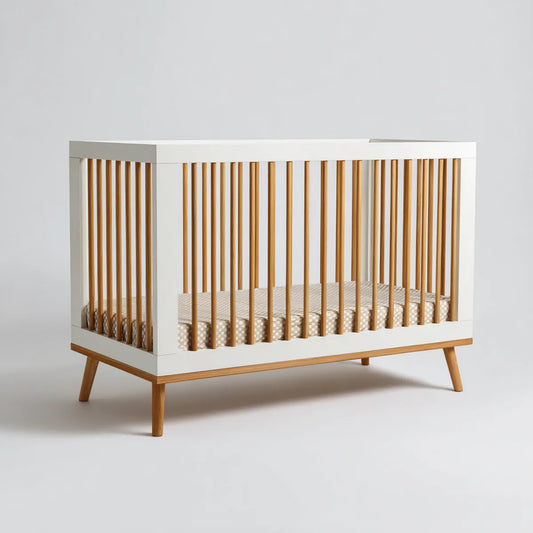 Lit bébé à barreaux blanc et bois naturel 120 x 60 cm en hêtre massif et MDF rectangulaire