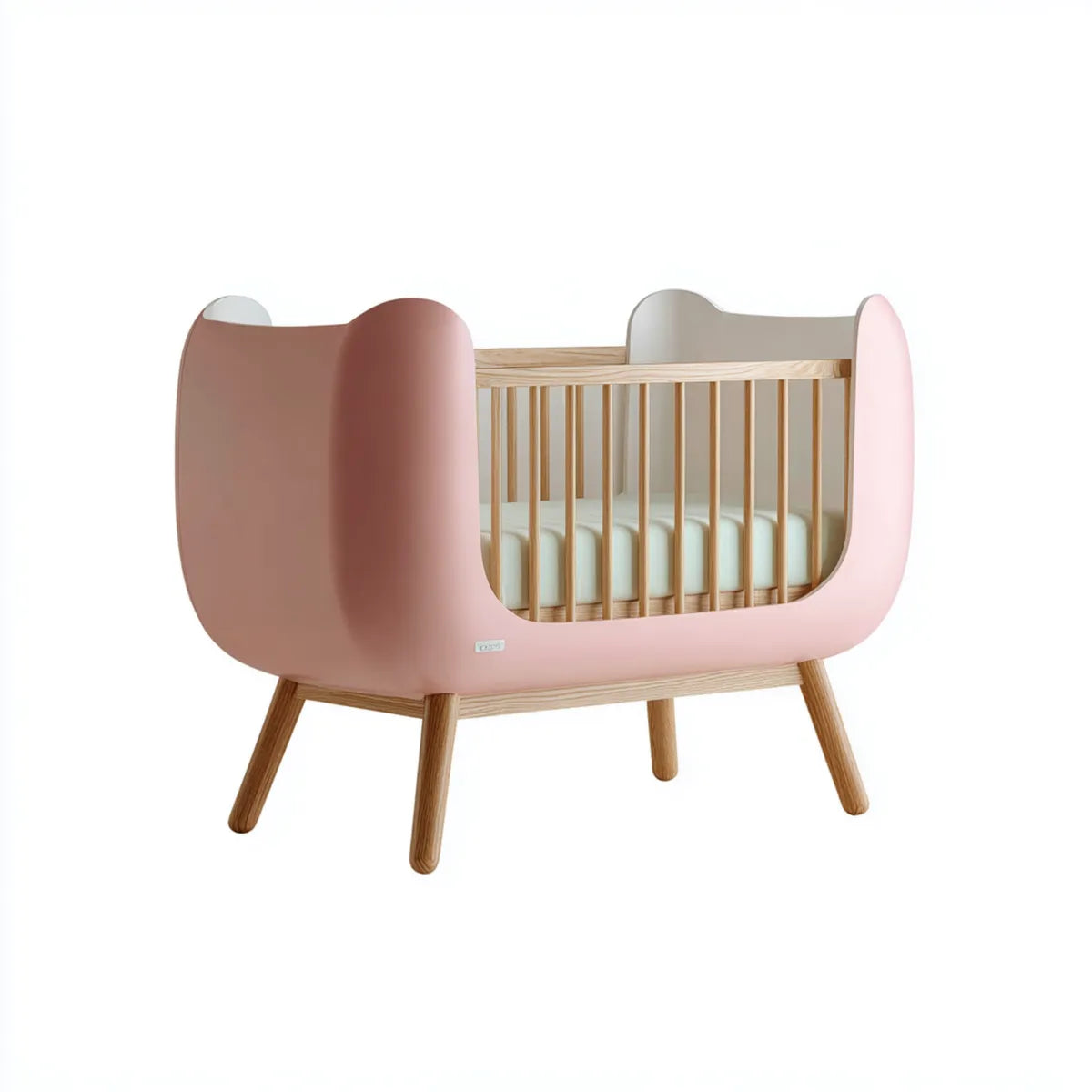 Lit bébé à barreaux rose et bois naturel 120 x 60 cm en hêtre massif et MDF