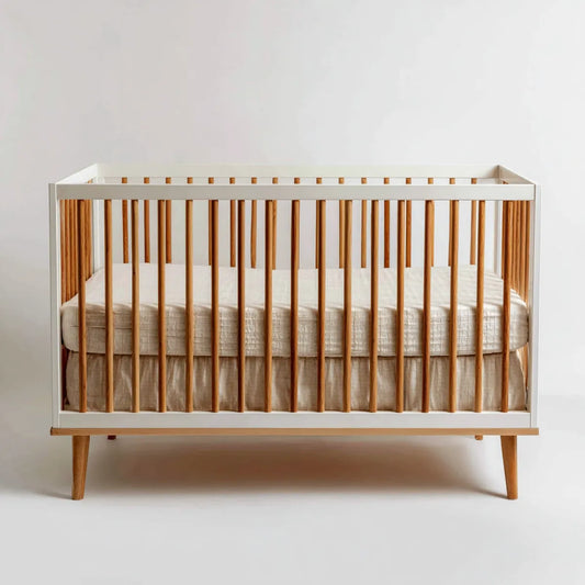 Lit bébé à barreaux blanc et bois naturel 120 x 60 cm en bois massif rectangulaire
