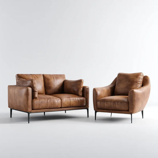 Canapé 2 places et fauteuil cognac en cuir synthétique PU forme droite 160 x 86 x 84 cm et 85 x 86 x 84 cm