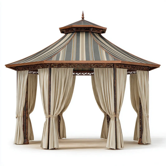Pavillon de jardin carré gris beige et brun 300 × 300 × 300 cm en acier et polyester avec rideaux