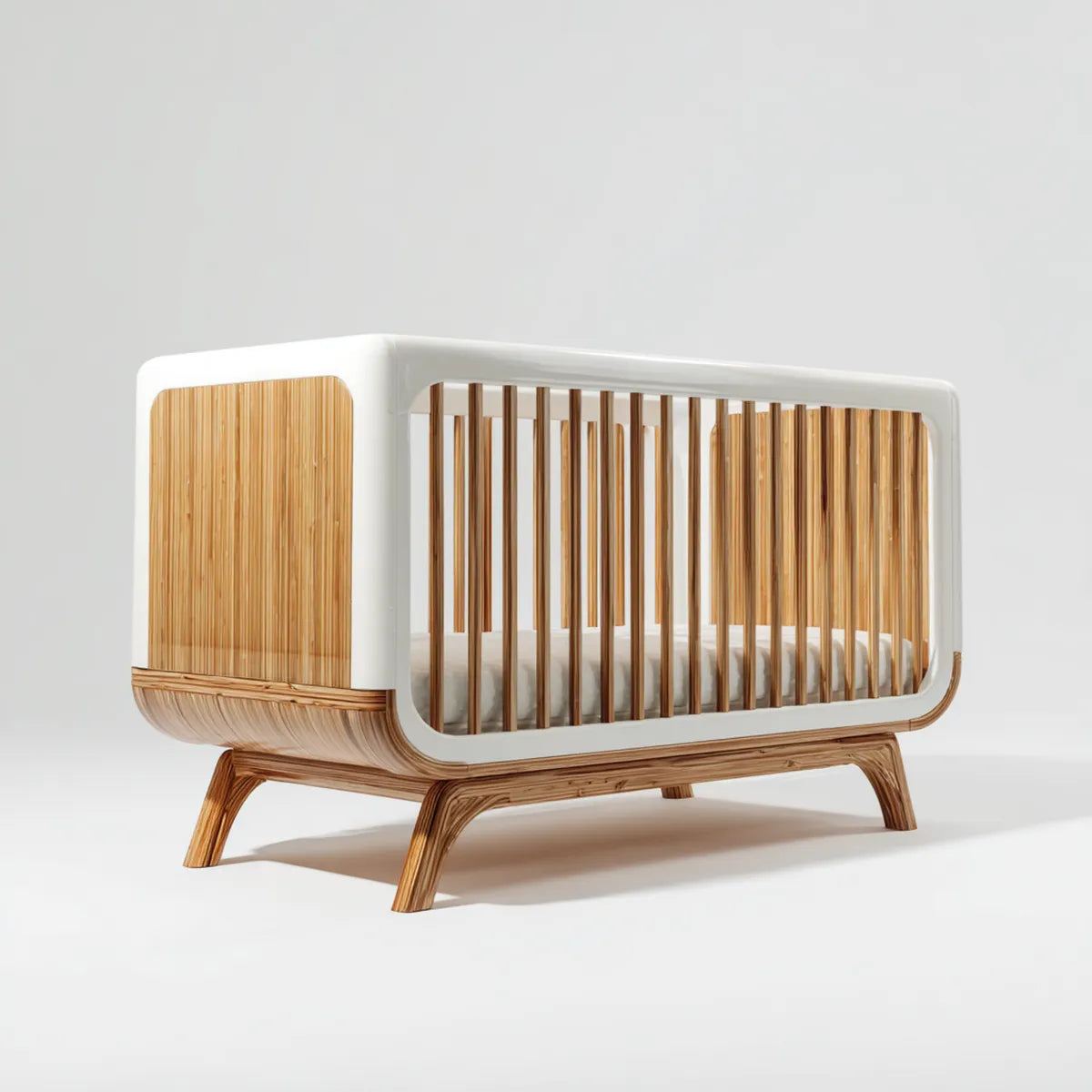 Lit bébé à barreaux blanc et naturel 120 x 60 cm en bambou et bois massif