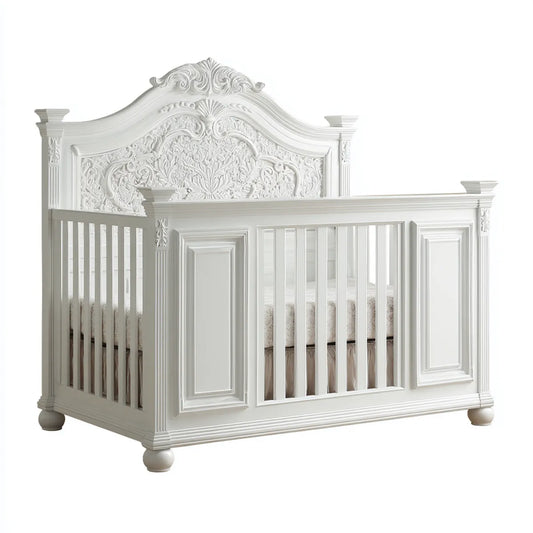 Lit bébé à barreaux blanc sculpté 140 x 70 cm en bois massif et MDF