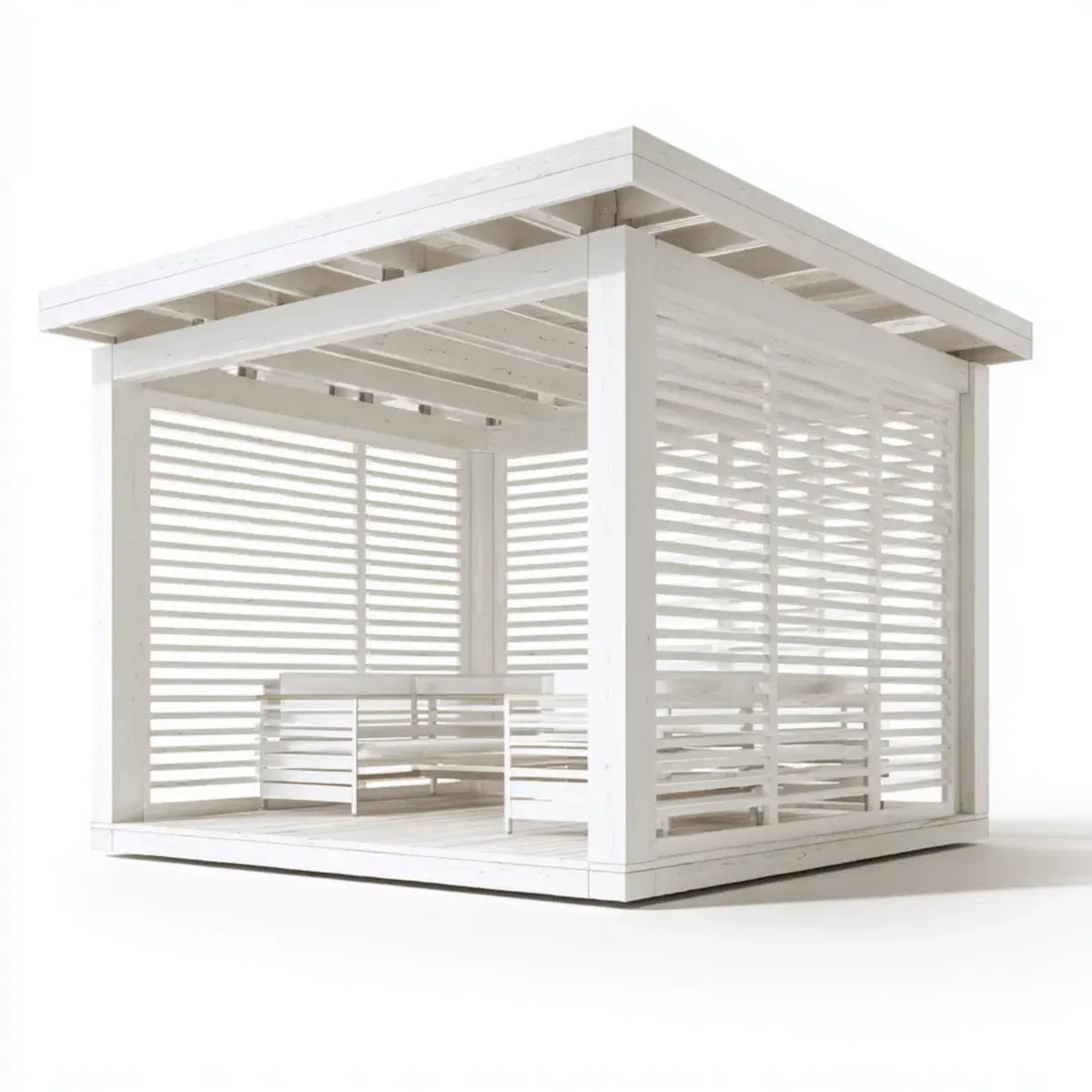 Pavillon de jardin carré blanc 300 x 300 x 250 cm en pin massif avec parois à lames
