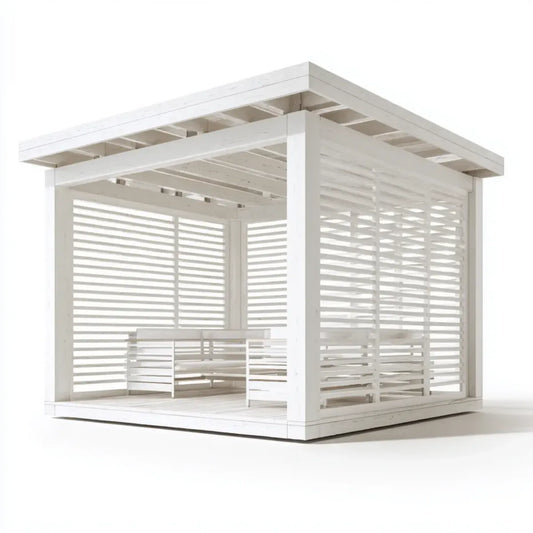 Pavillon de jardin carré blanc 300 x 300 x 250 cm en pin massif avec parois à lames