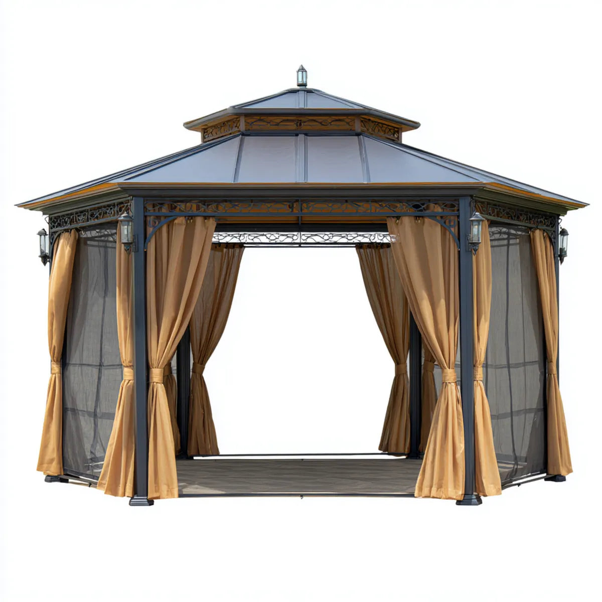 Pavillon de jardin 300 x 300 x 290 cm noir doré en acier avec toit en polycarbonate rideaux et moustiquaires