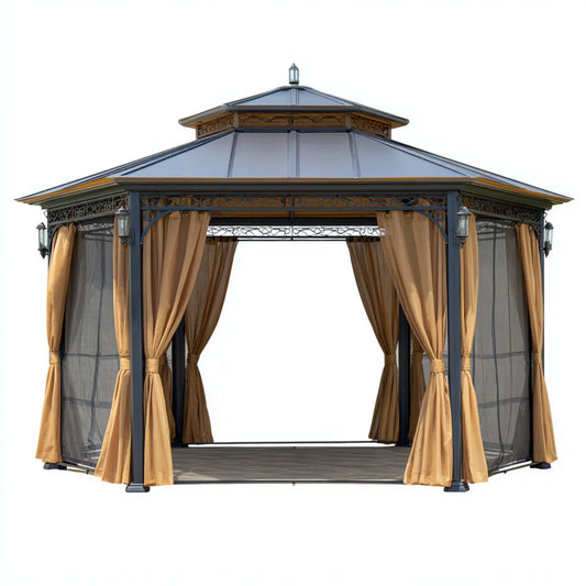Pavillon de jardin 300 x 300 x 290 cm noir doré en acier avec toit en polycarbonate rideaux et moustiquaires