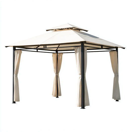 Tonnelle de jardin carrée beige et noire 300 x 300 x 280 cm en acier et polyester avec toit double et 4 rideaux